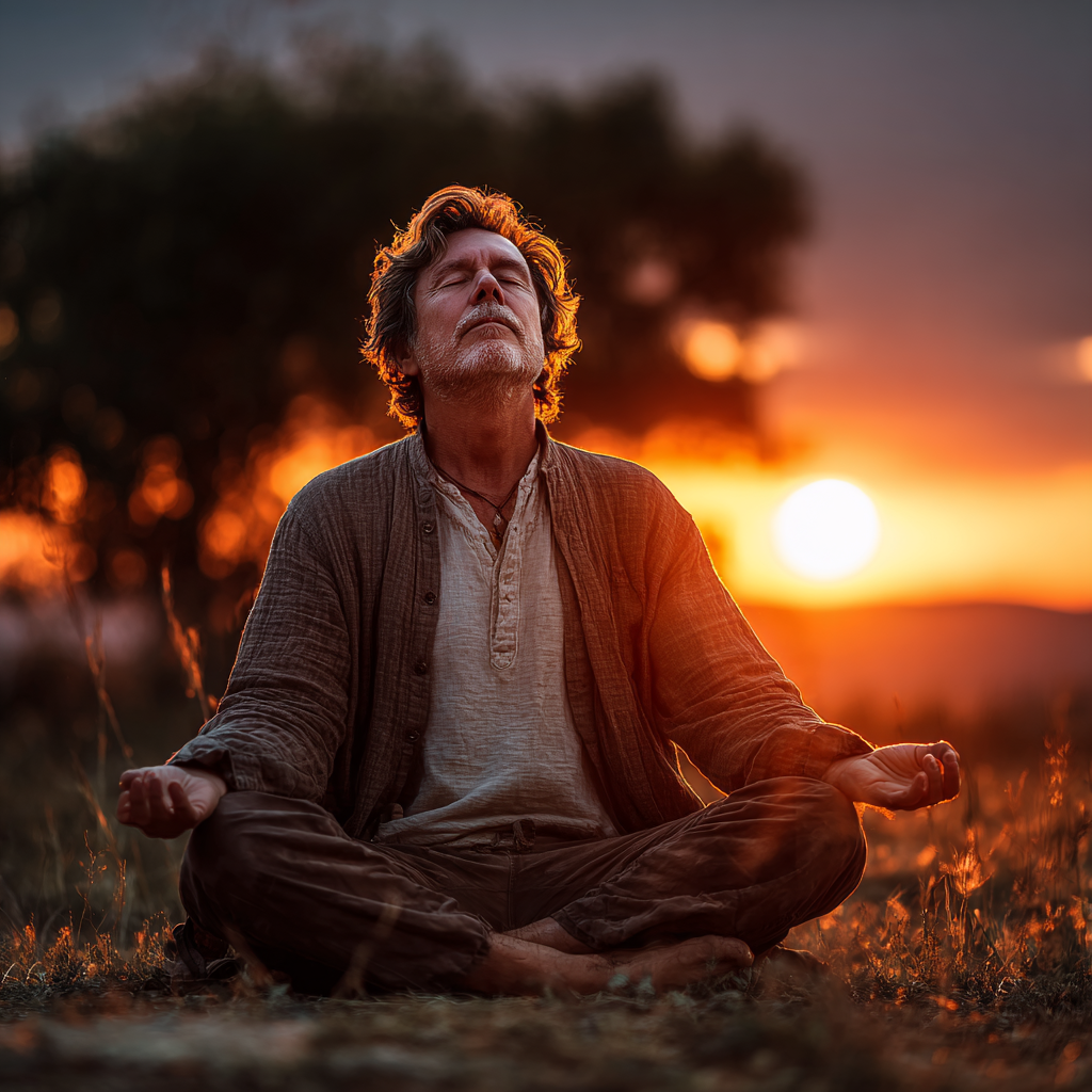 Мъж на 58 години медитира в лотусова поза сред природа по залез слънце