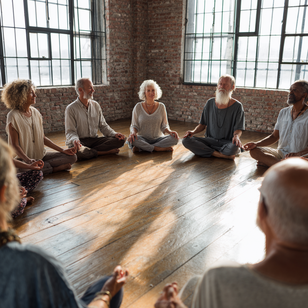 Група от зрели хора на възраст 50-60 години медитират заедно в кръг в тиха стая