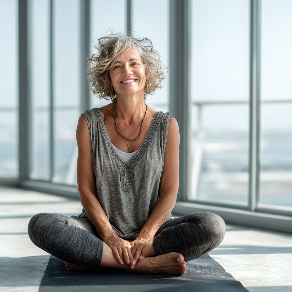Усмихната жена на 55 години в поза на йога върху постелка в светла стая